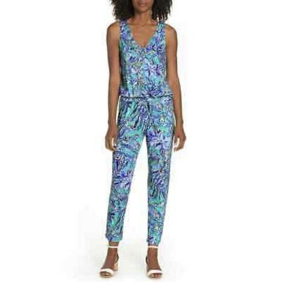 Lilly Pulitzer Paulina Jumpsuit, Size XXS, Bennet Blue Sneak a Peak Print - Picture 1 of 12